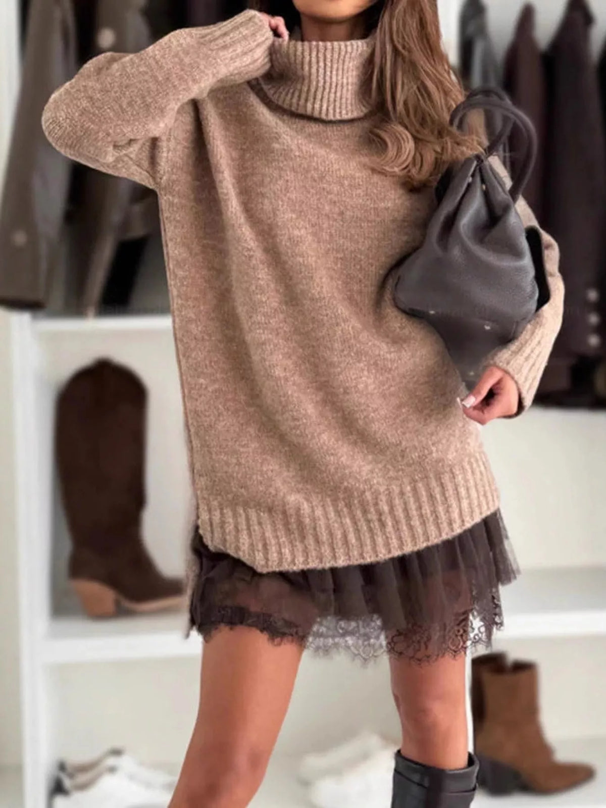 Turtleneck Sweater and Lace Hem Dress Set — front view