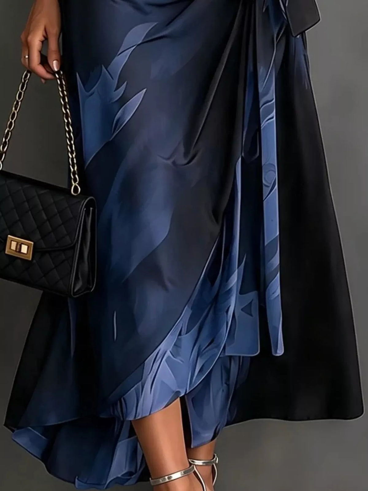 Blue and black tie-detail surplice dress, midi hem detail