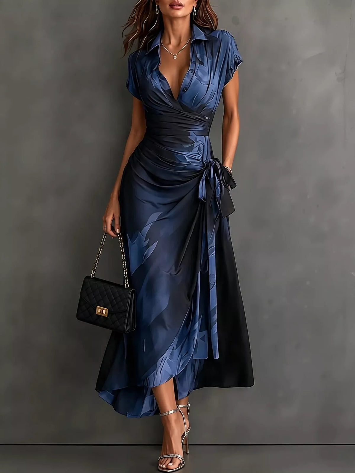 Blue and black tie-detail surplice dress