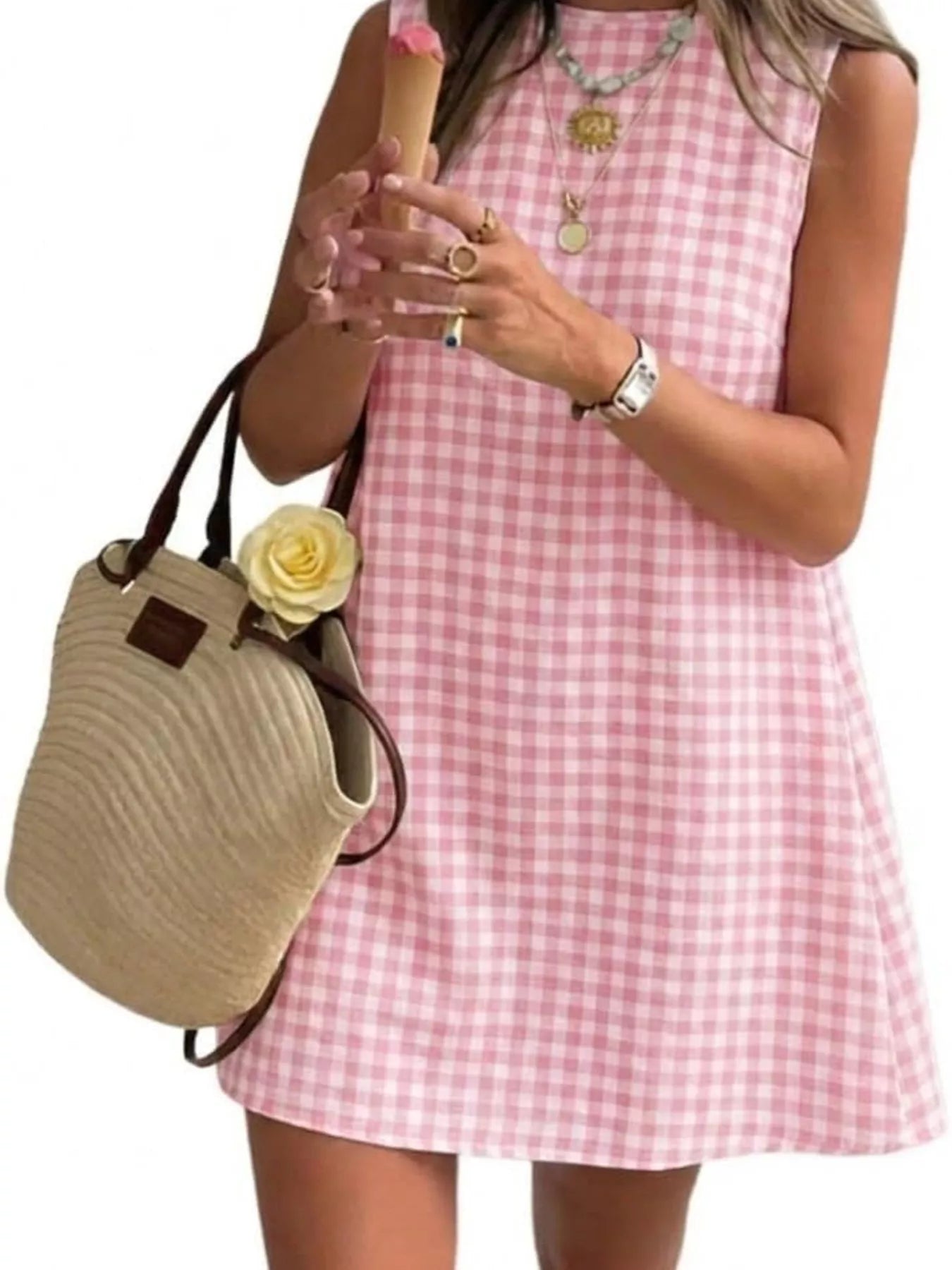 Trendsi Gingham Sleeveless A-Line Mini Dress -