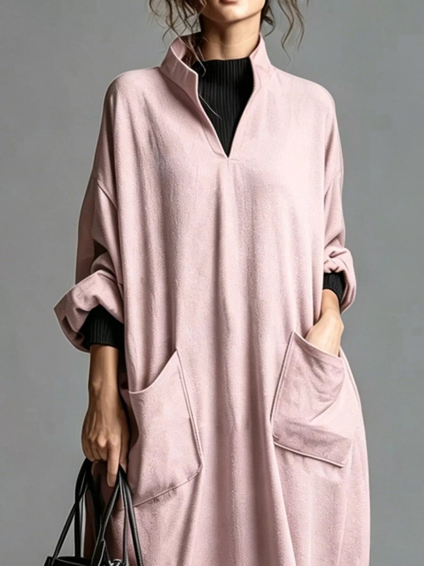 Trendsi Full Size Loose-Fit Mock Neck Midi Dress with Pockets Plus Size -