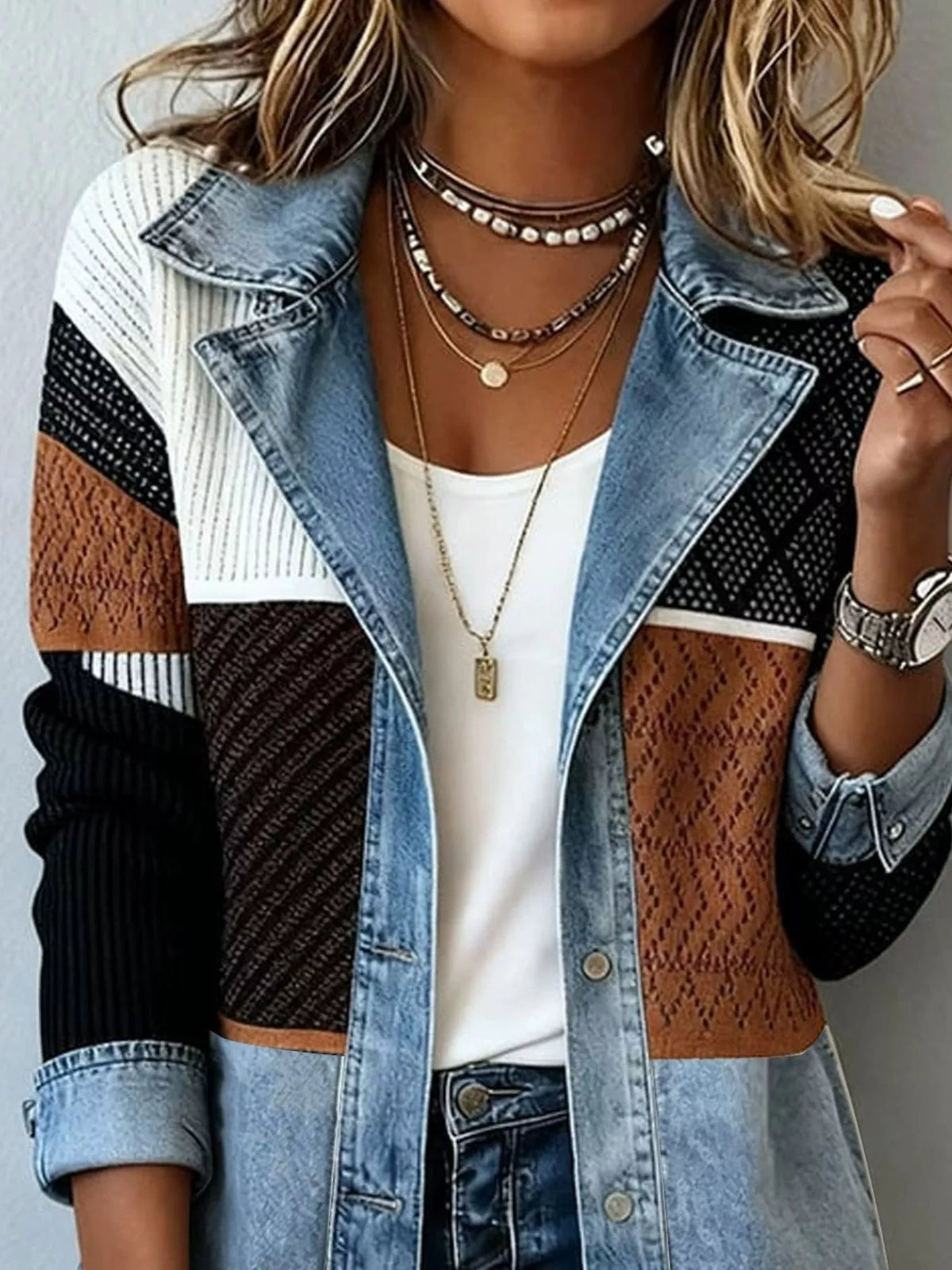 Trendsi Color-Block Denim and Knit Patchwork Casual Jacket -