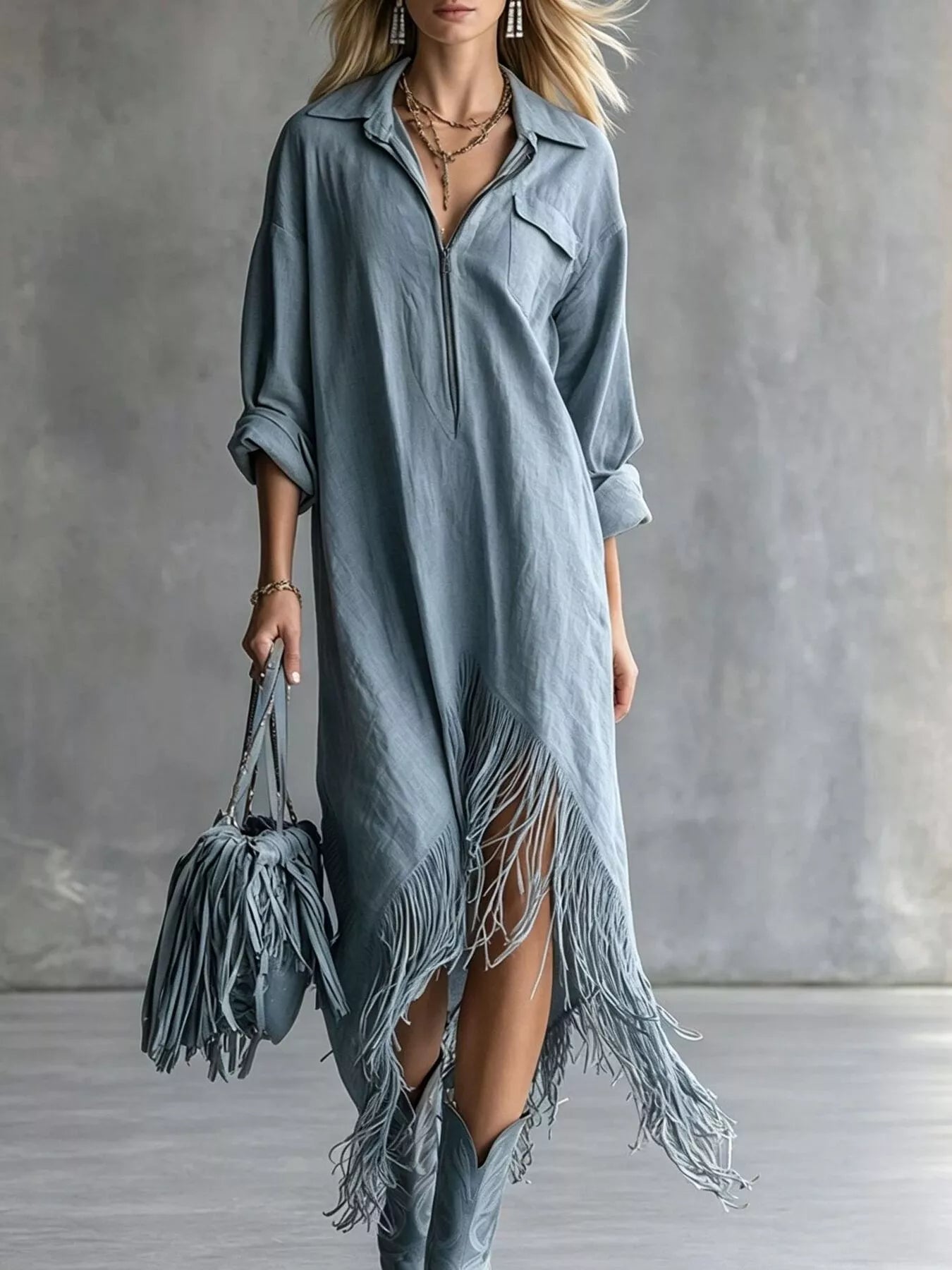 Trendsi Fringe Hem Zip-Up Shirt Dress -