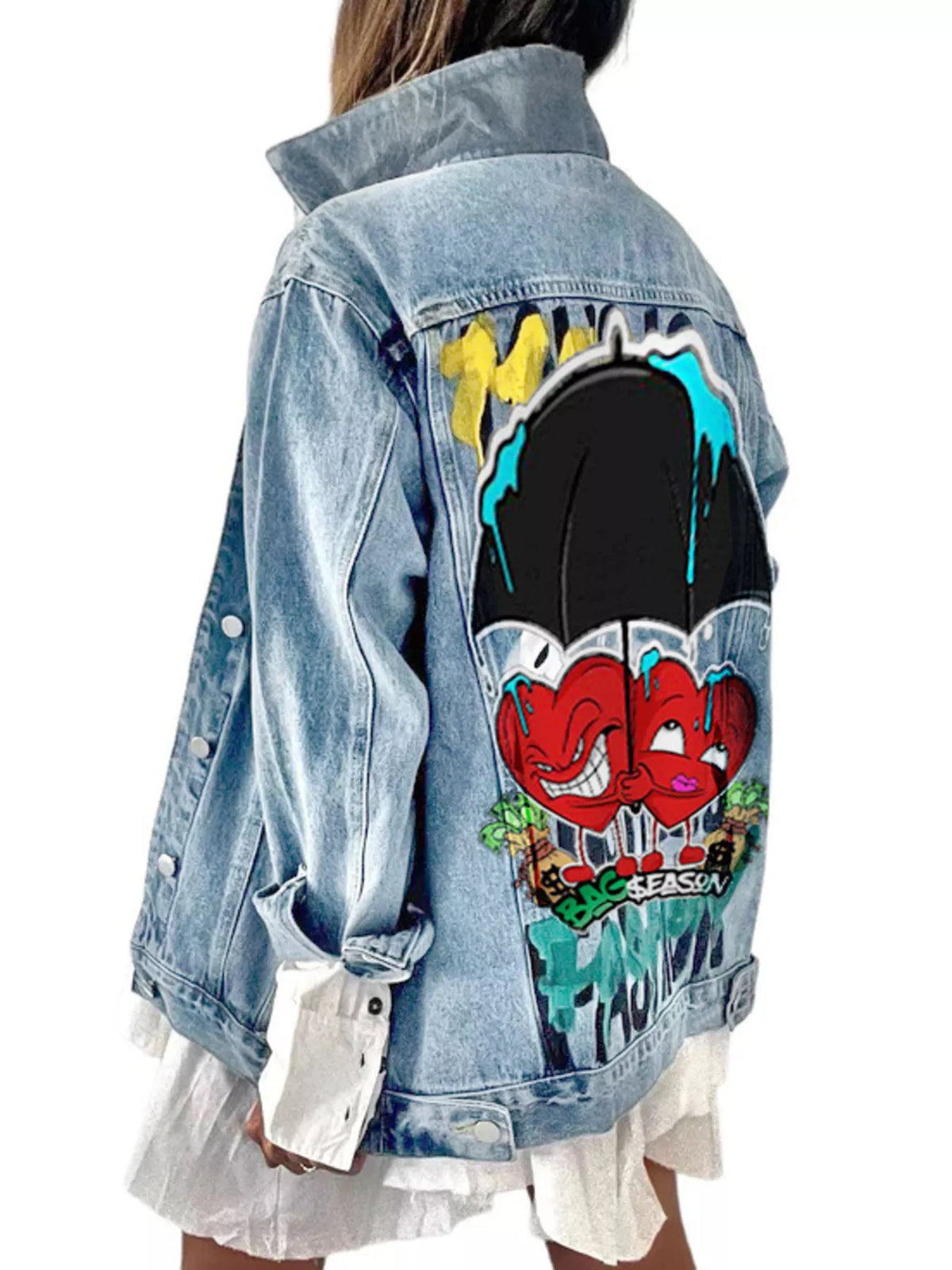 Light blue heart-and-umbrella graphic jacket, back graphic at an angle