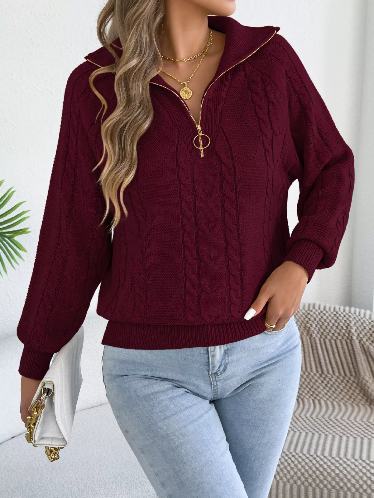 Burgundy quarter-zip cable knit sweater