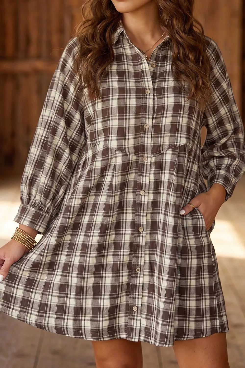 Trendsi Plaid Long Sleeve Short Shift Mini Dress -