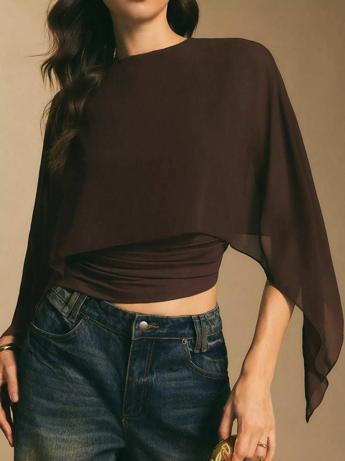 Coffee cape sleeve round neck blouse