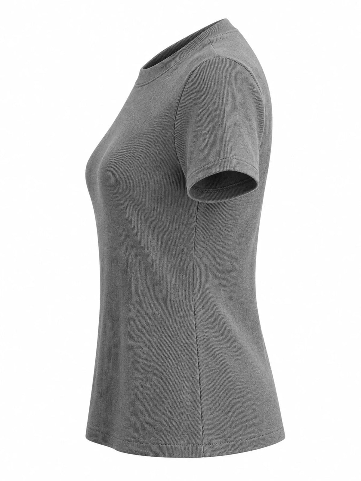Dark gray slim-fit crew neck T-shirt, side view