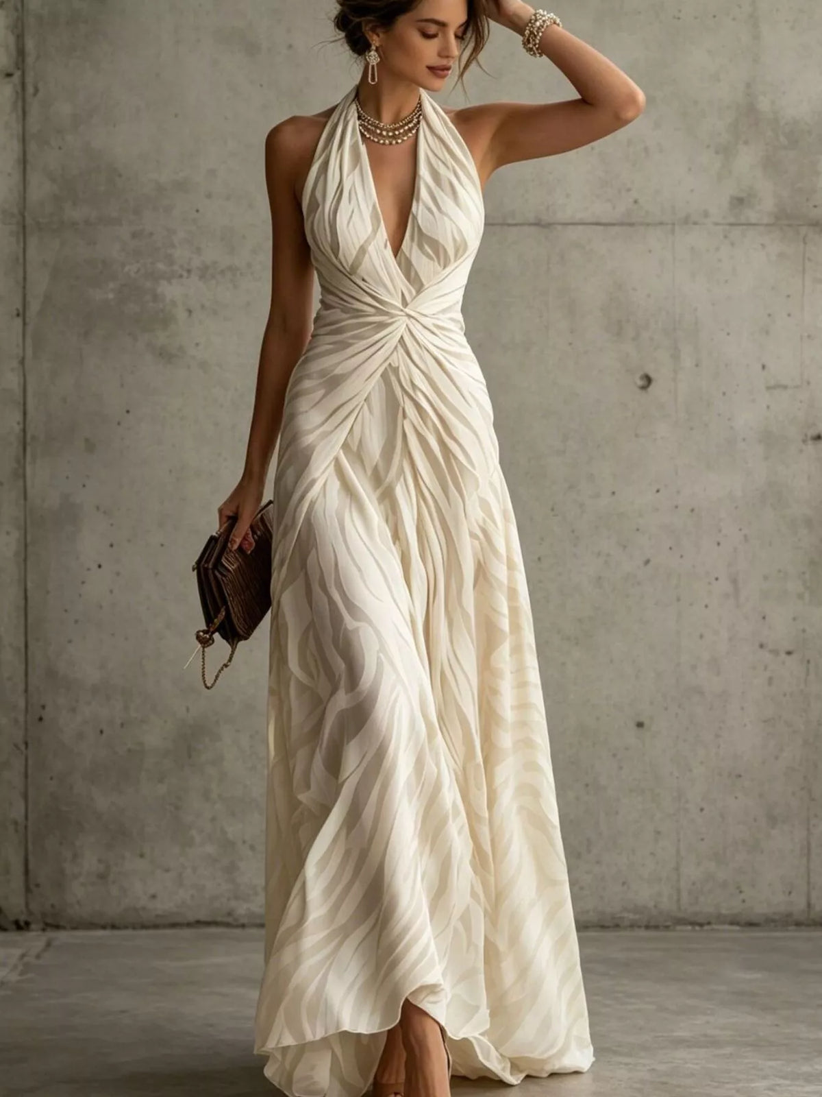Animal-print maxi dress, cream front