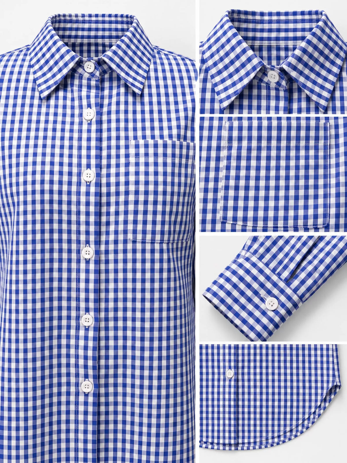 Navy and white plaid button-down shirt, collar, buttons, chest pocket, cuff, and curved hem close-ups