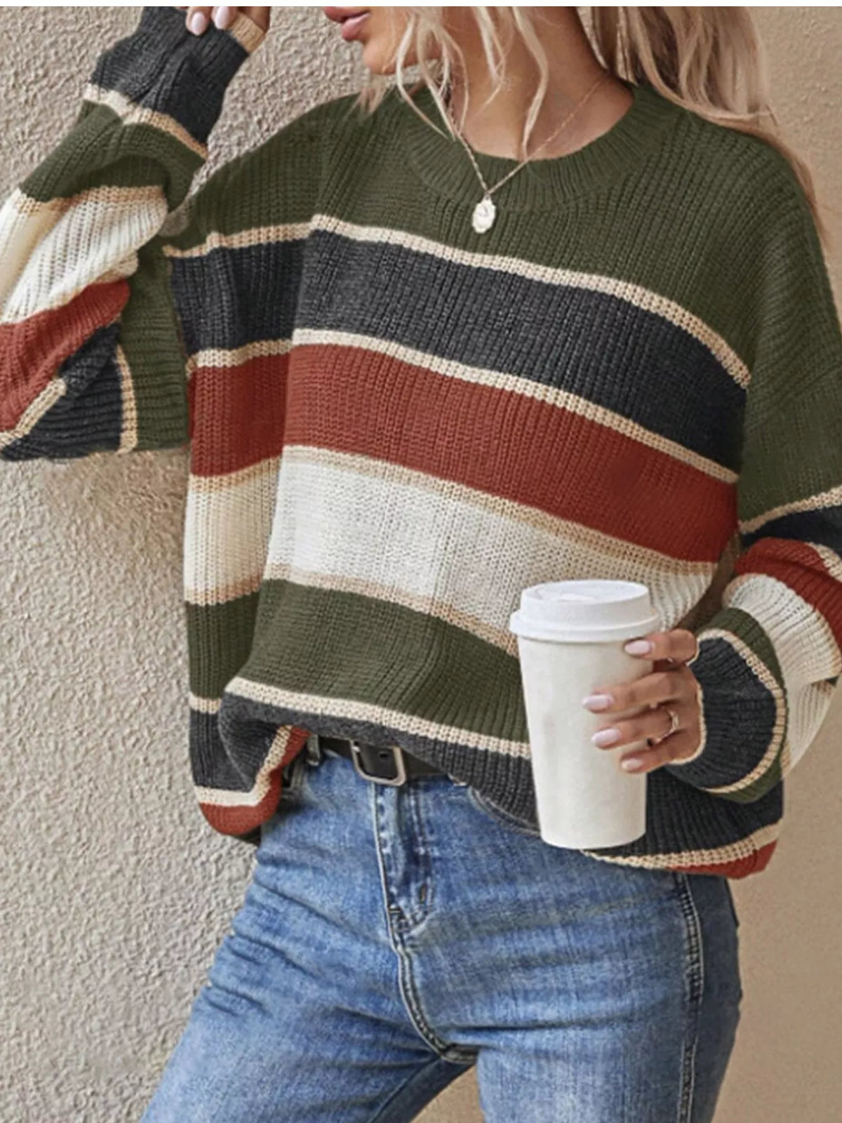Color Block Striped Crew Neck Sweater in green with multicolor stripes, front view