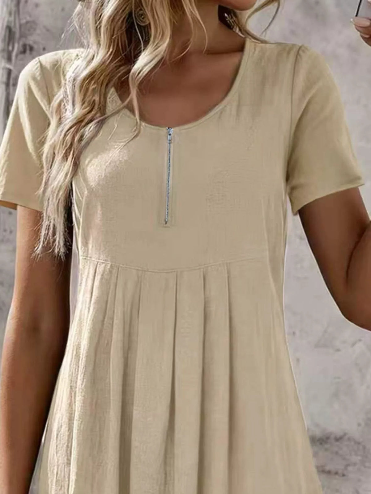 Trendsi Zipper-Front Short Sleeve A-Line Dress -