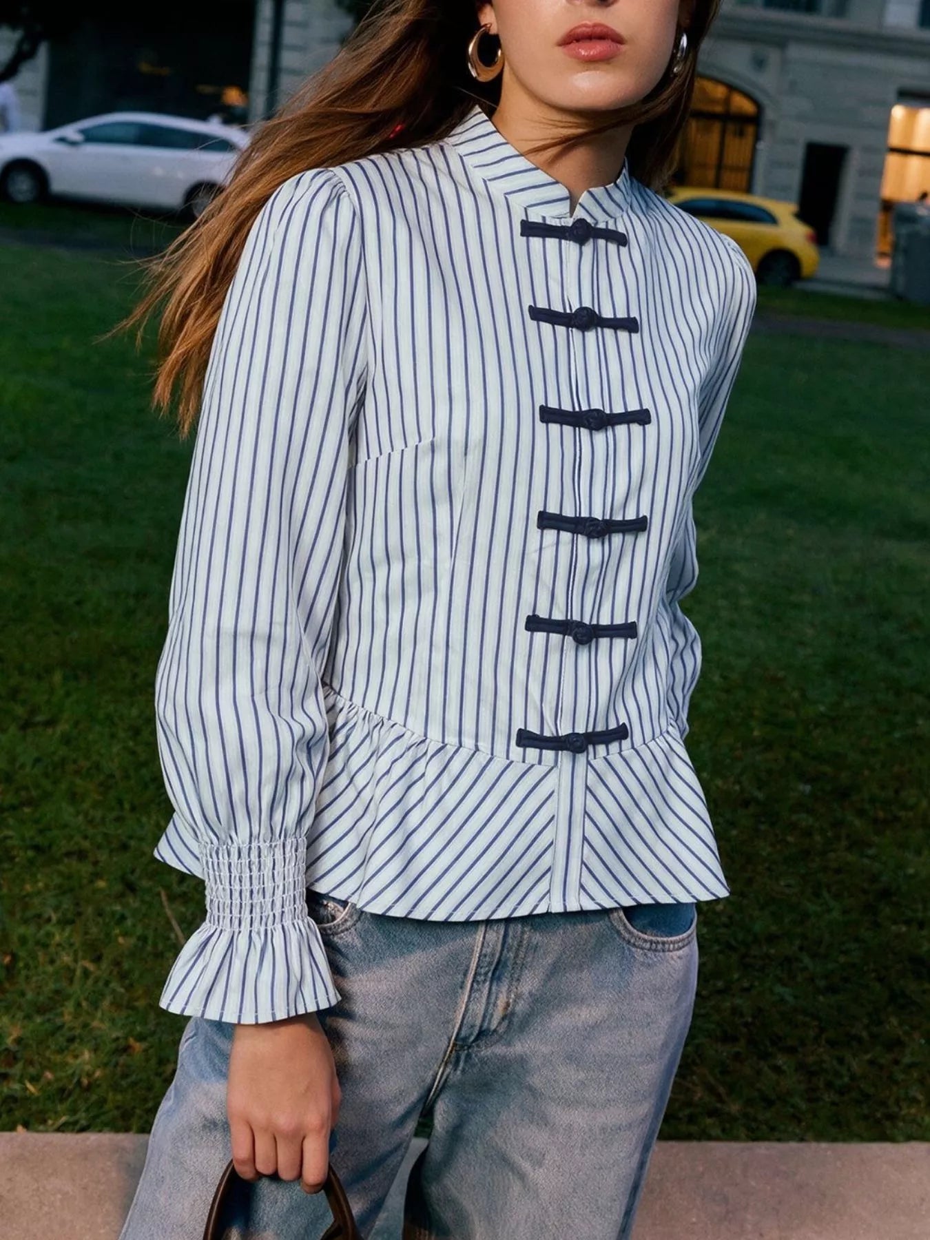 Trendsi Striped Mandarin Knot Buttons Peplum Hem Shirt -