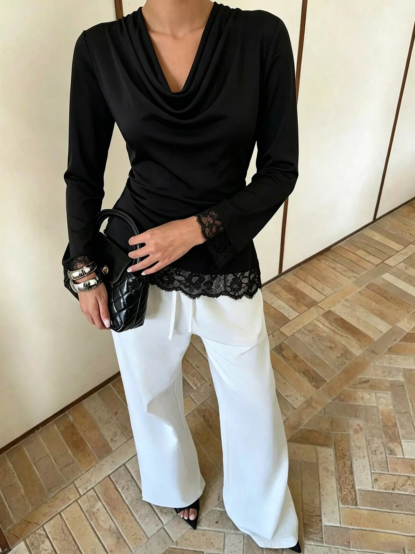 Trendsi Lace Trim Cowl Neck Blouse -