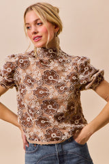 Trendsi SO ME Texture Floral Mesh Top With Back Button Closure -