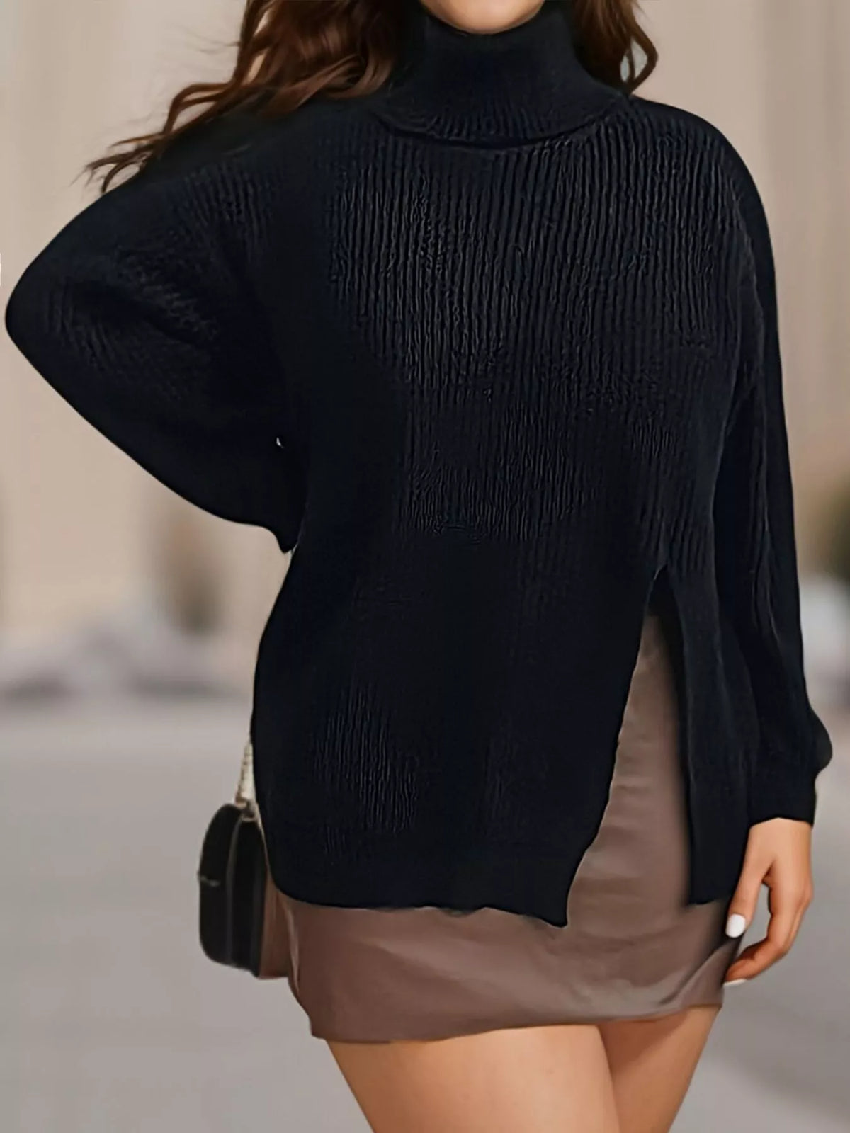 Trendsi Plus Size Side Slit Ribbed Turtleneck Sweater -