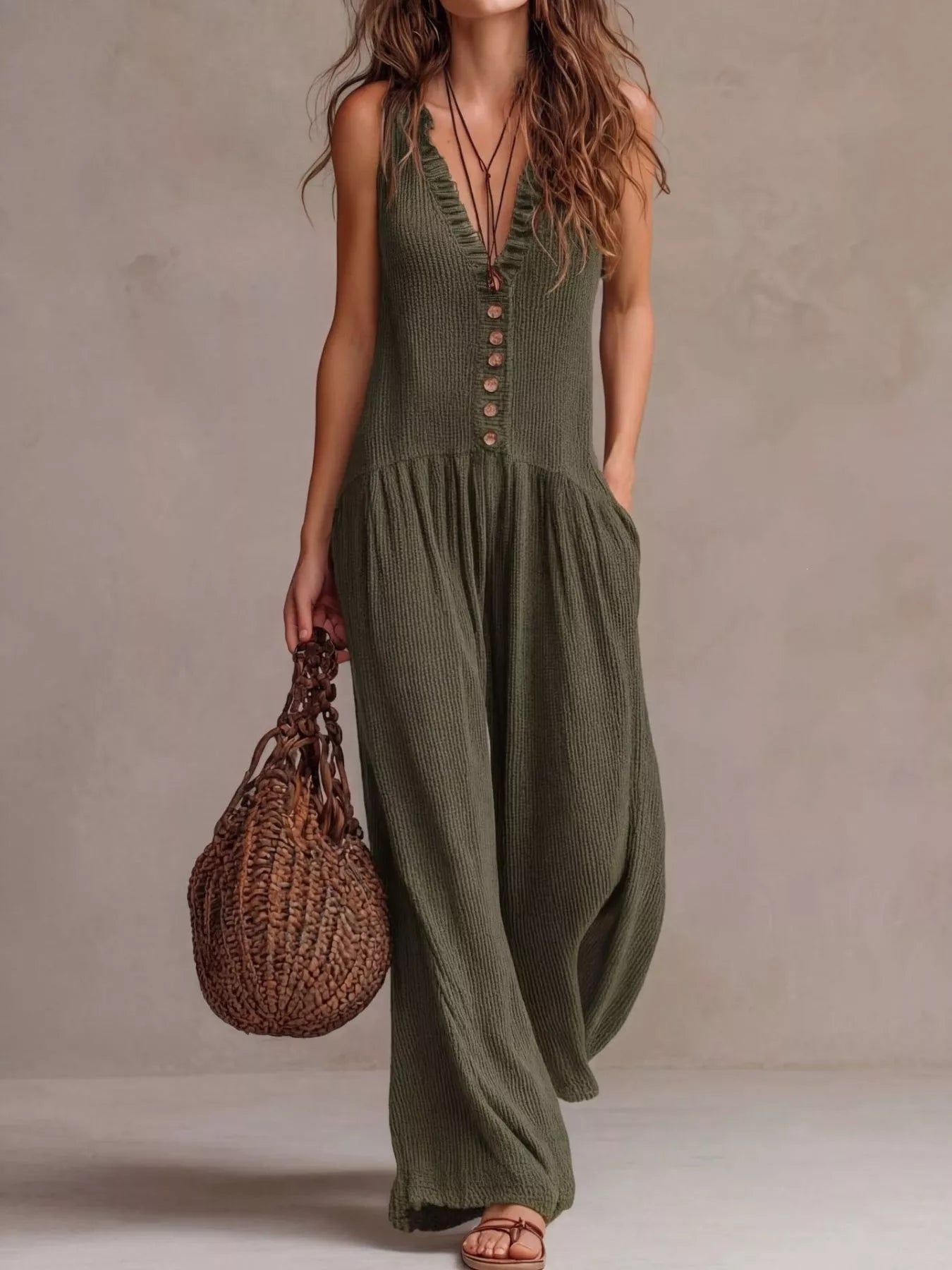 Trendsi V-Neck Sleeveless Wide Leg Jumpsuit -