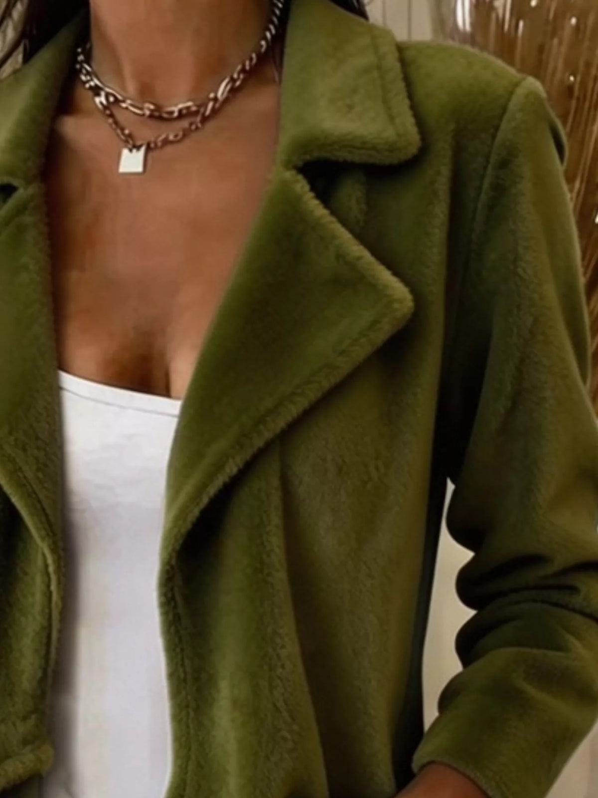 Green fleece waterfall collar jacket, notch lapels and open front