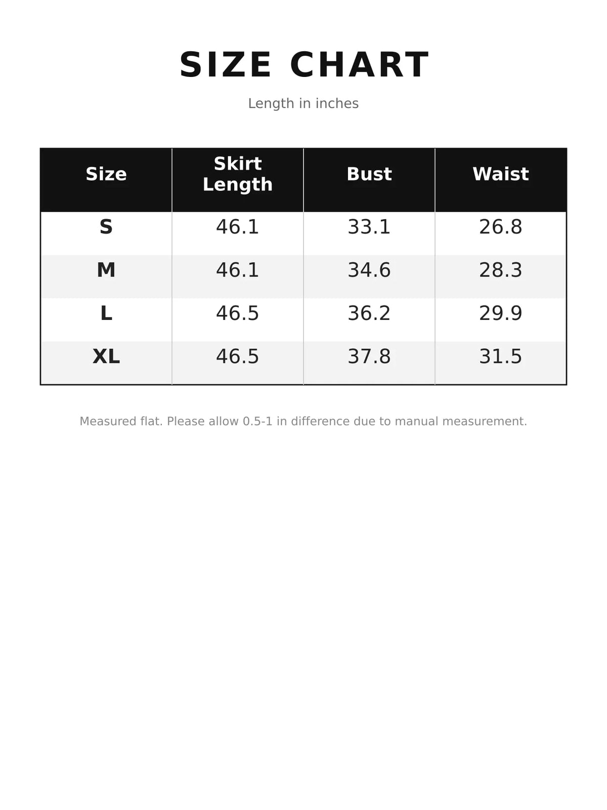 spaghetti-strap maxi dress, size and measurement chart