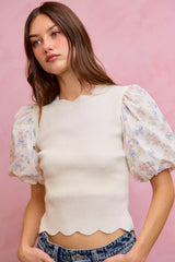 Trendsi SO ME Floral Cotton Contrast Sleeves Scallop Sweater Top -