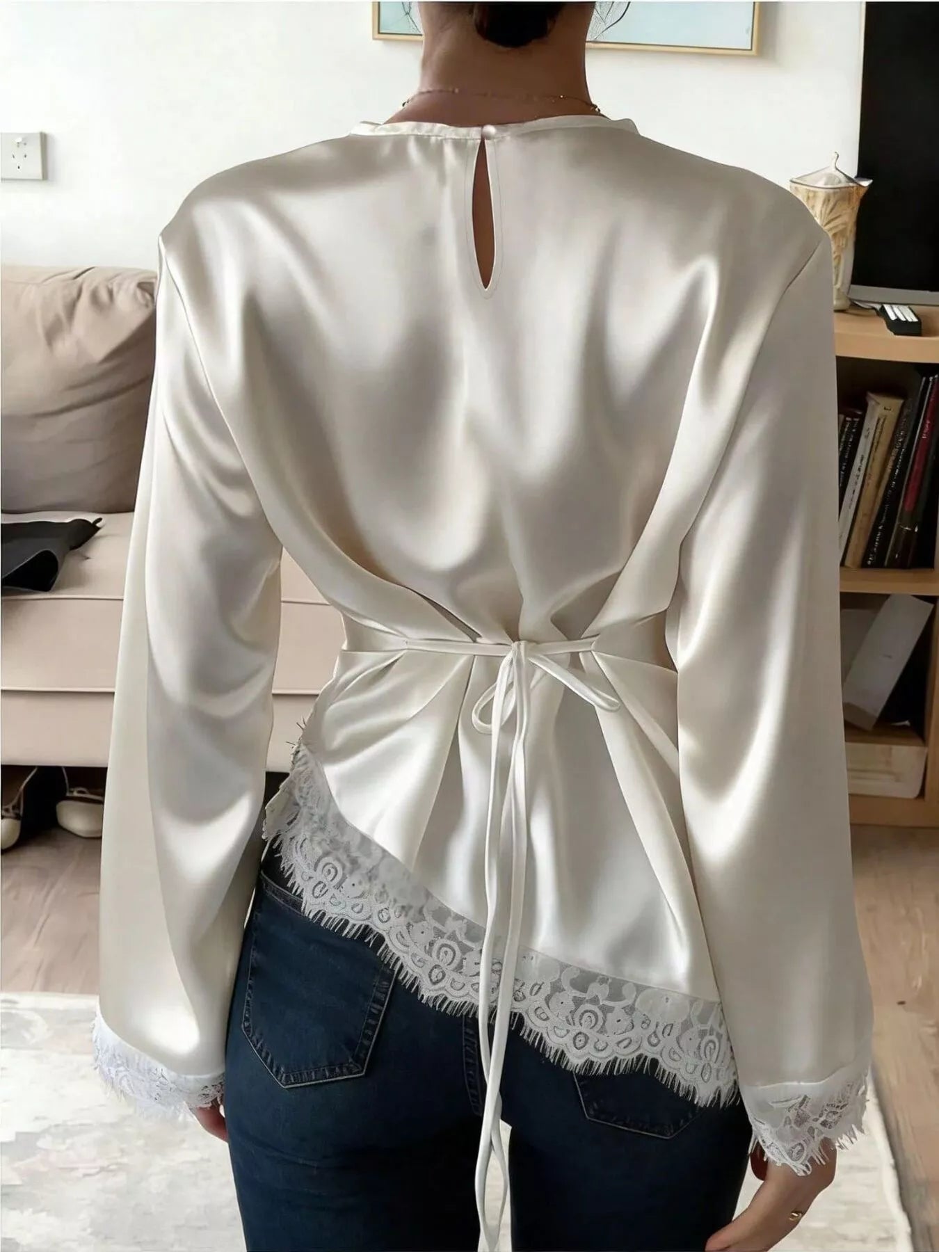 Trendsi Satin Lace Trim Flare Sleeve Blouse -