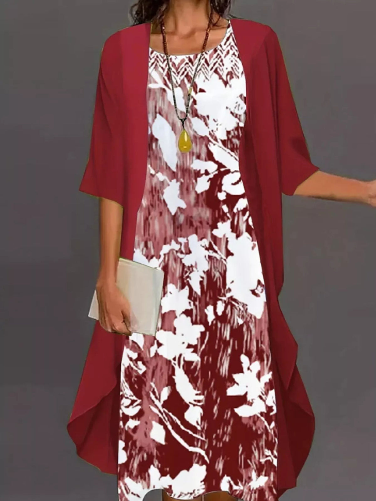 Floral dress and cardigan set, burgundy front