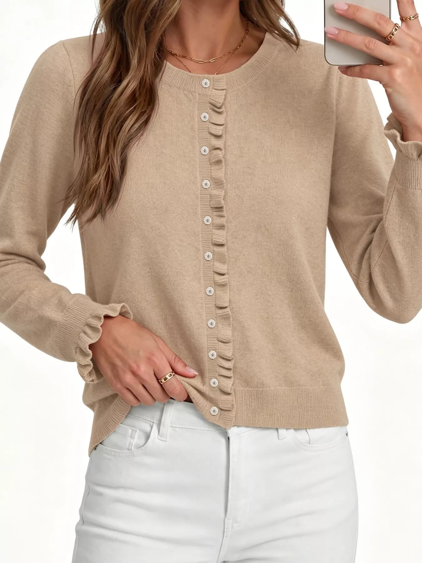 Trendsi Ruffle-Trimmed Button-Down Knit Cardigan -