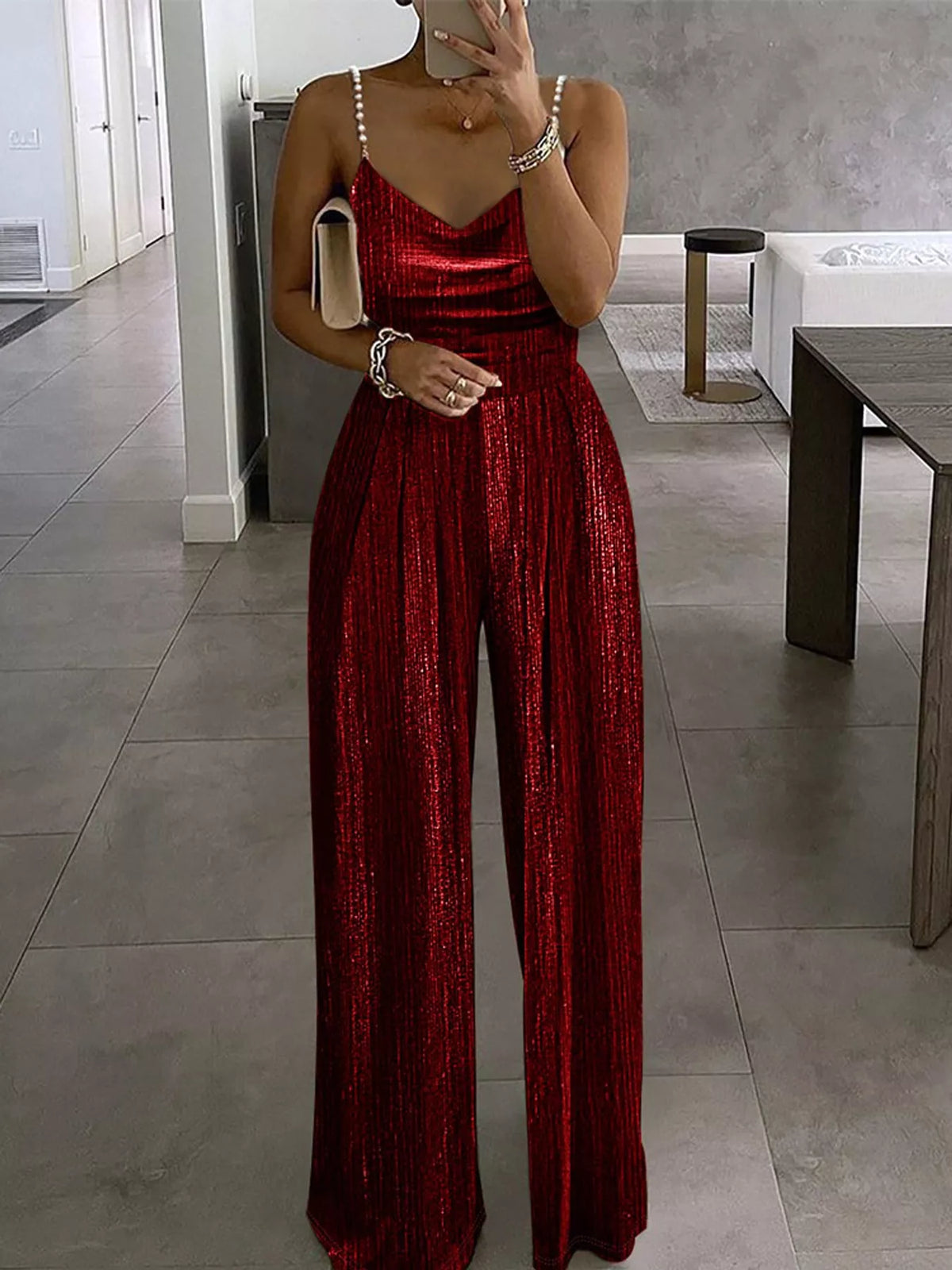 Metallic Wide-Leg Jumpsuit with Pearl Strap Detail in burgundy