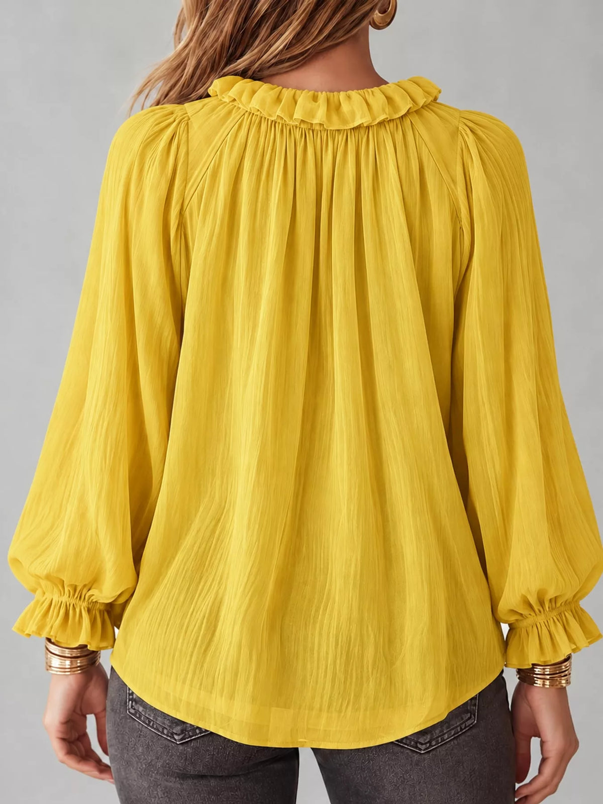 V-neck long sleeve blouse, back view