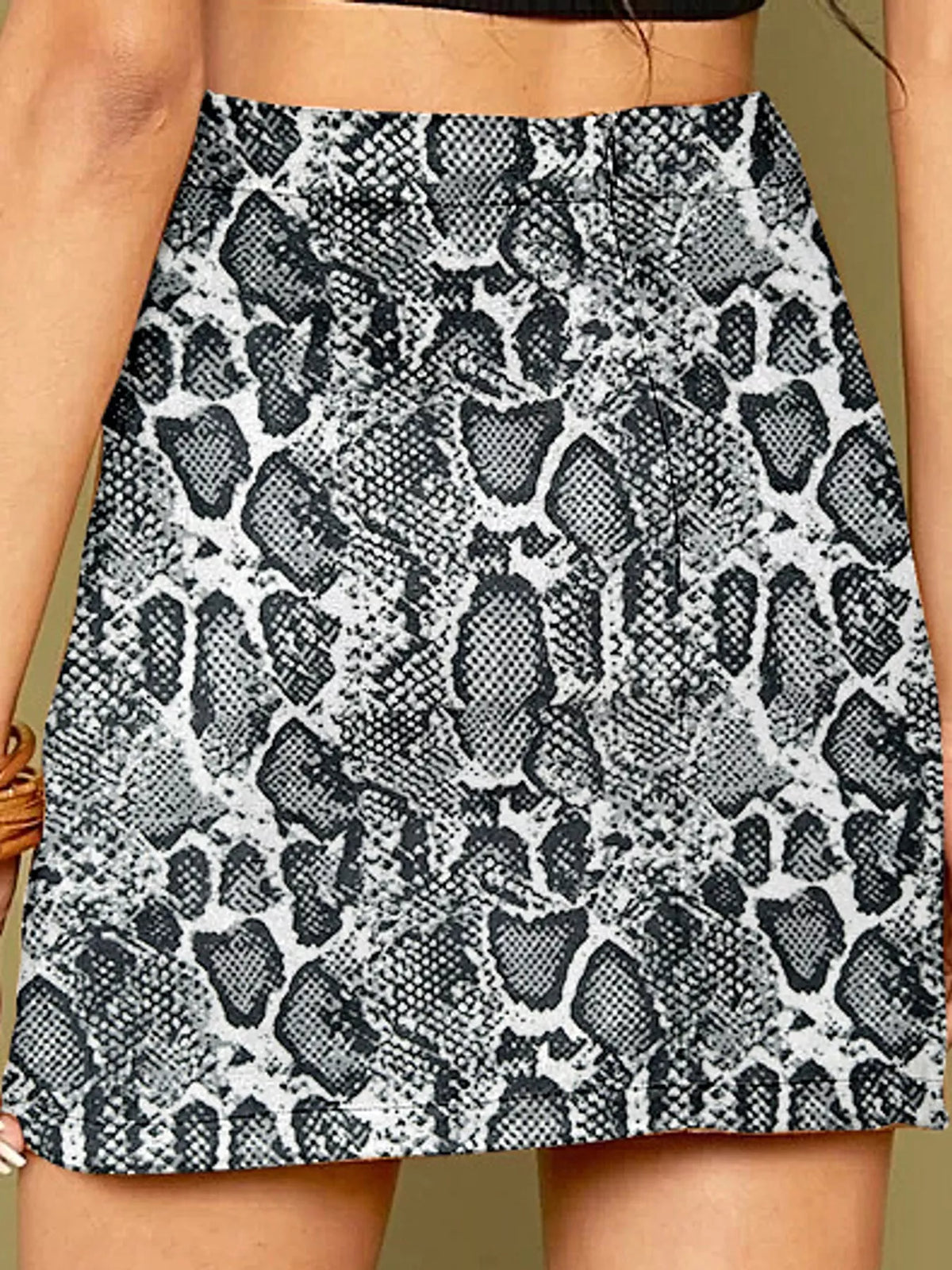 Zip-up mini skirt, gray snakeskin-print back