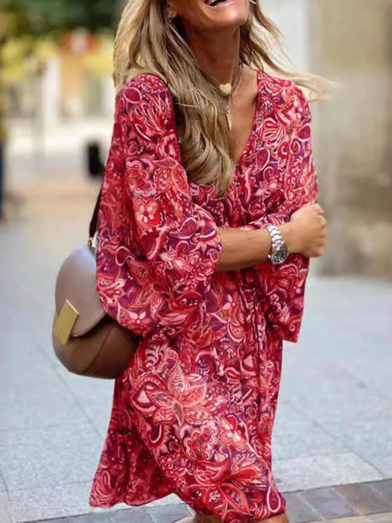 Trendsi Full Size Paisley Print Long Sleeve Mini Dress Plus Size -