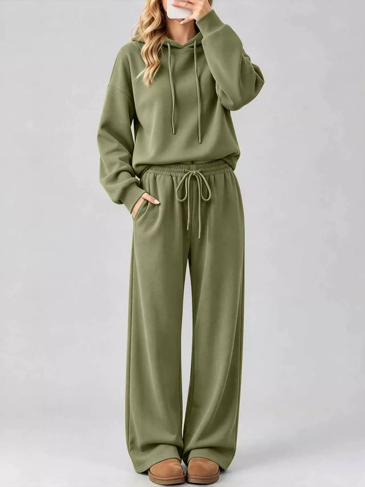 Green dropped shoulder hoodie and wide-leg pants set