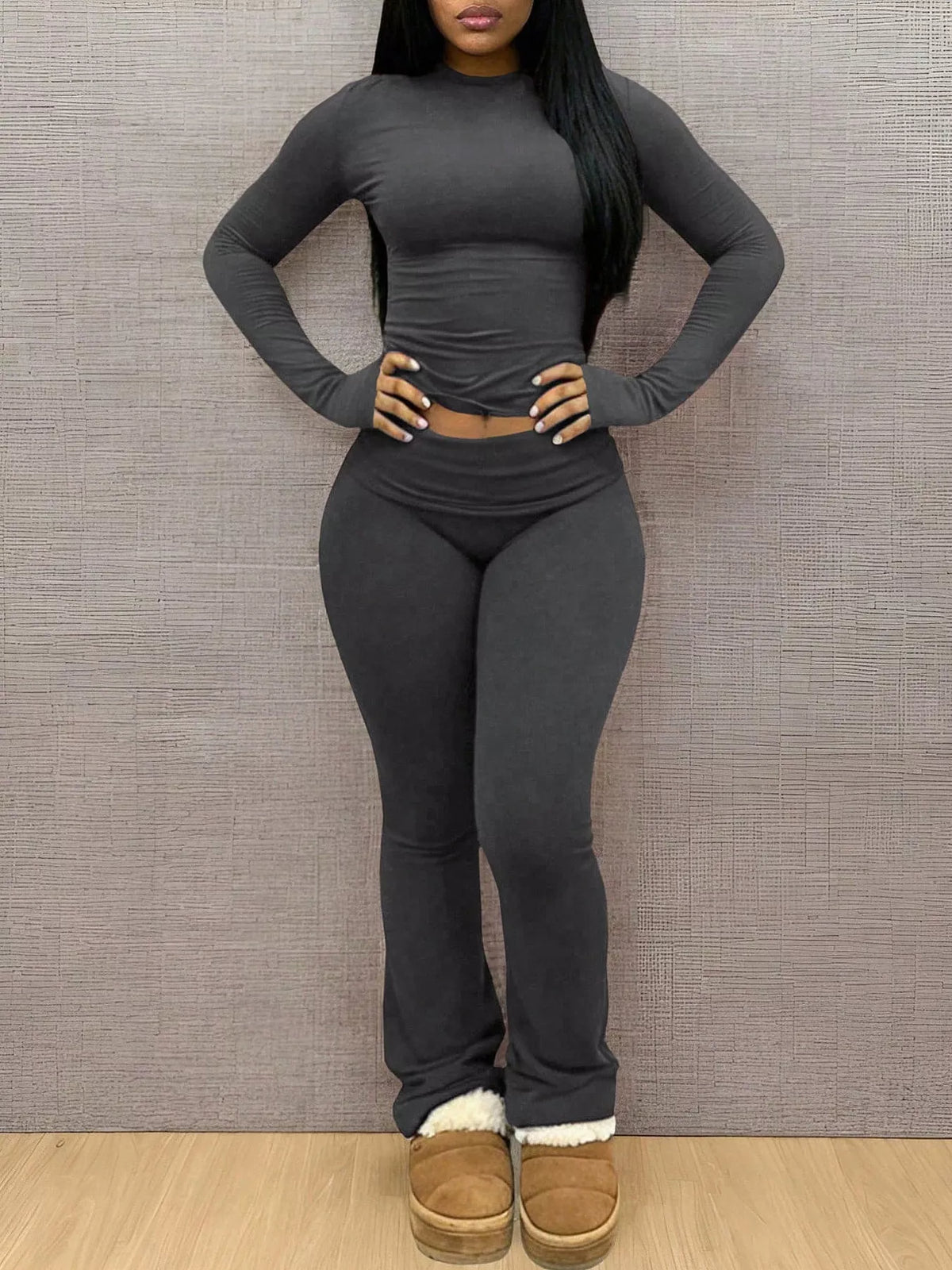 Black slim-fit long sleeve crop top and leggings lounge set
