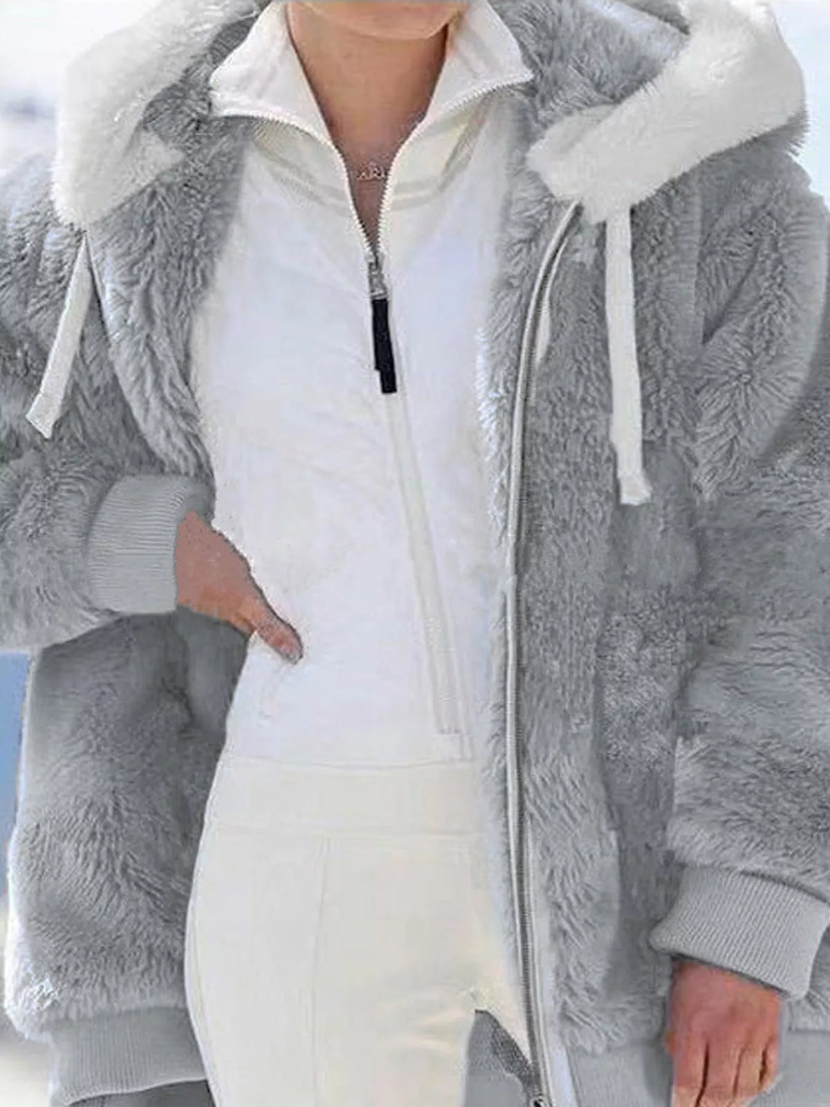 Gray with white hood trim faux fur zip up hooded jacket, front view