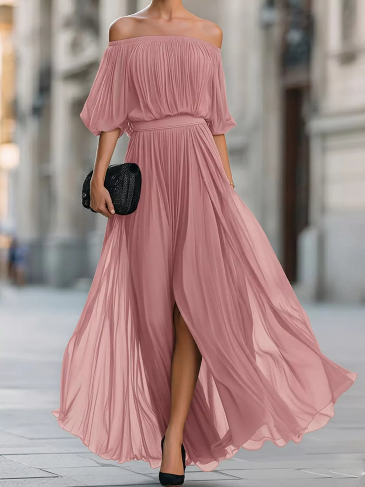 Pink off shoulder ruched chiffon maxi dress, front view