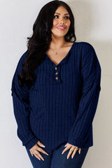 Trendsi Basic Bae Full Size Ribbed Half Button Long Sleeve T-Shirt -