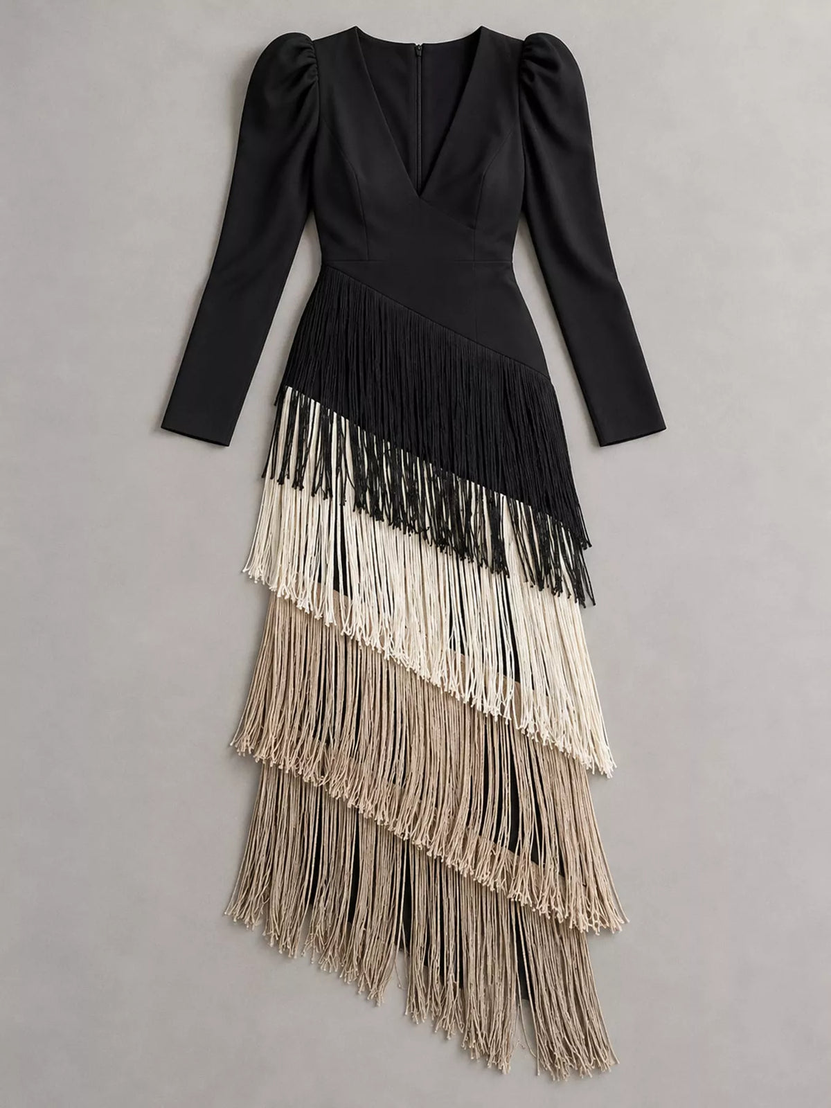 Women's Fringed V-Neck Puff Sleeve Midi Dress in black multicolor — flat lay view