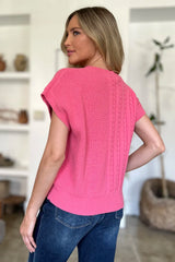 Trendsi Double Take Full Size Cable-Knit Round Neck Short Sleeve Sweater -