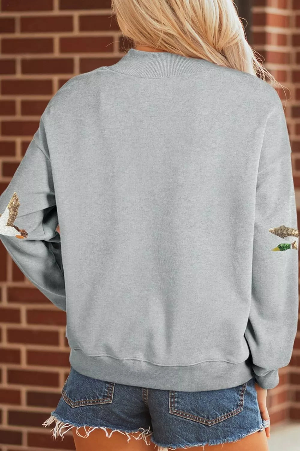 Women's Sequin Mallard Graphic Mock Neck Baggy Pullover Sweatshirt in Gray, back view