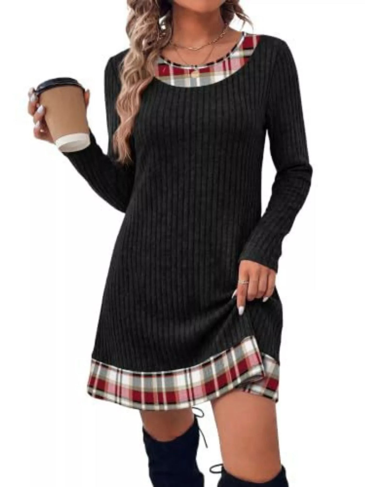 Round neck long sleeve mini dress, front view on model