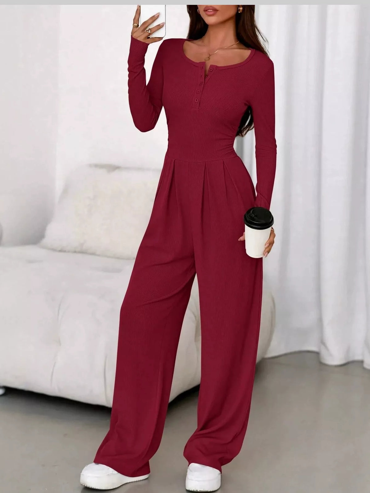 Long Sleeve Ribbed Knit Wide-Leg Jumpsuit — front view