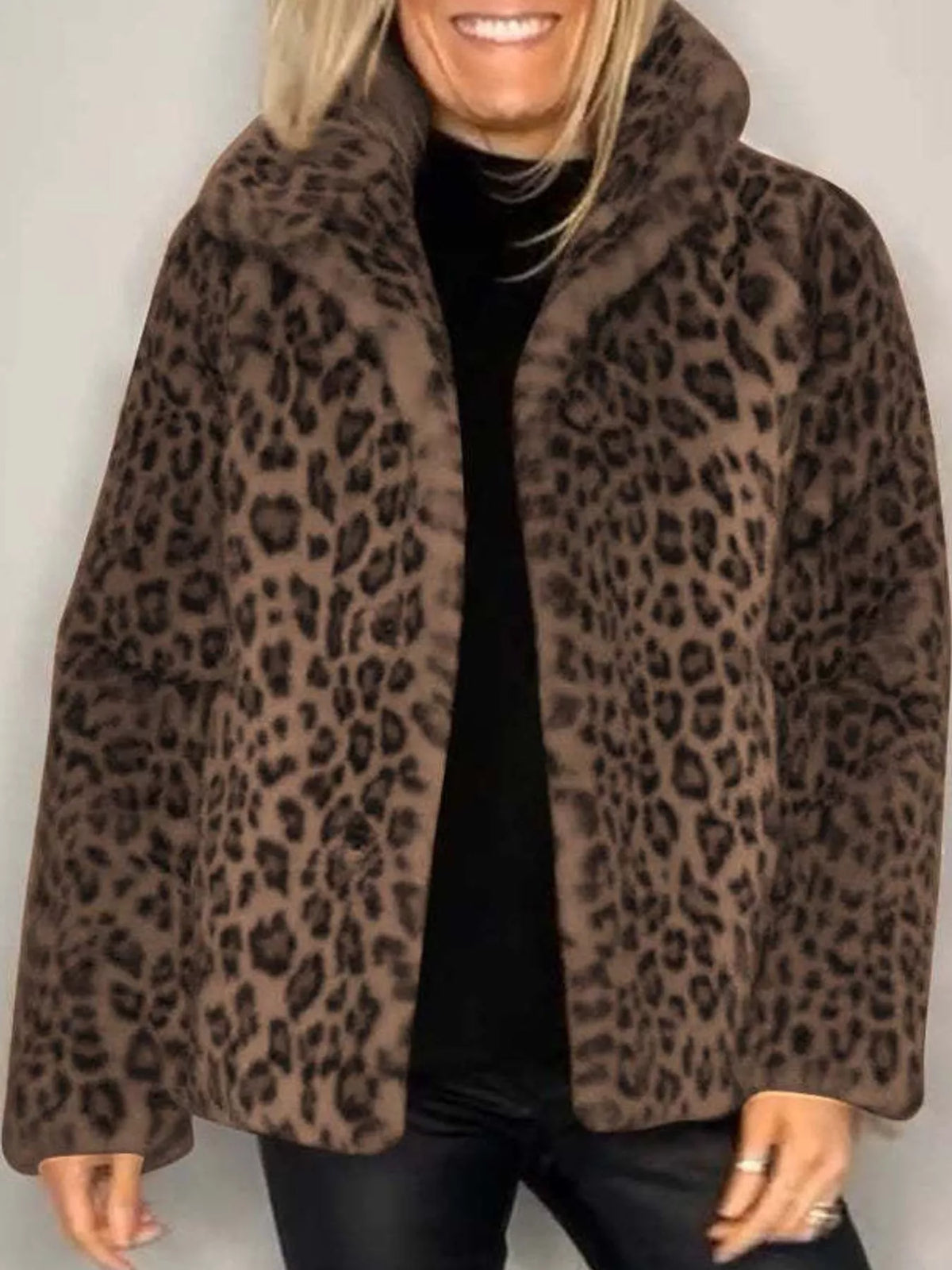Open Front Leopard Print Faux Fur Jacket — front view