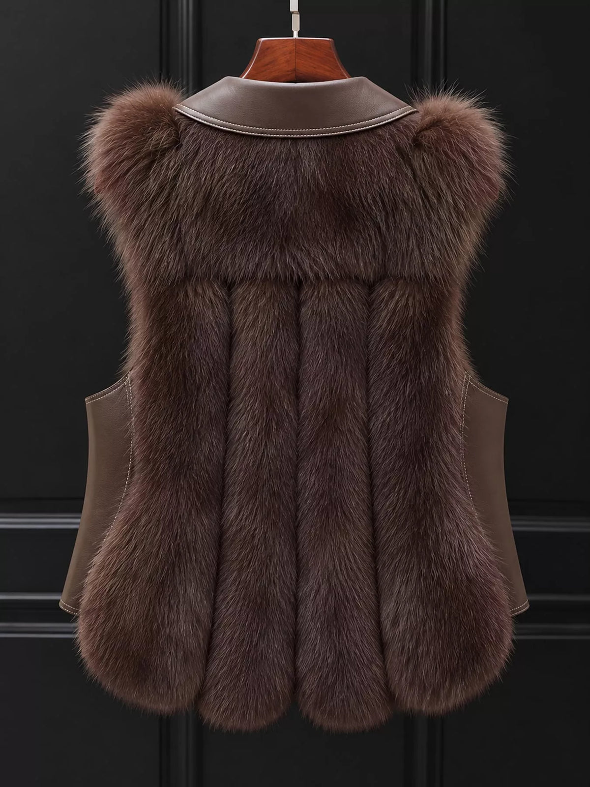 Faux Fur Snap Down Vest Coat, back view in brown