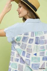 Trendsi Mixed Media Print Button Front Collared Top -