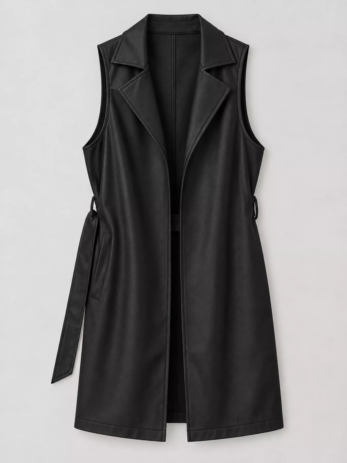 Tie Waist Longline Vest in black, front view
