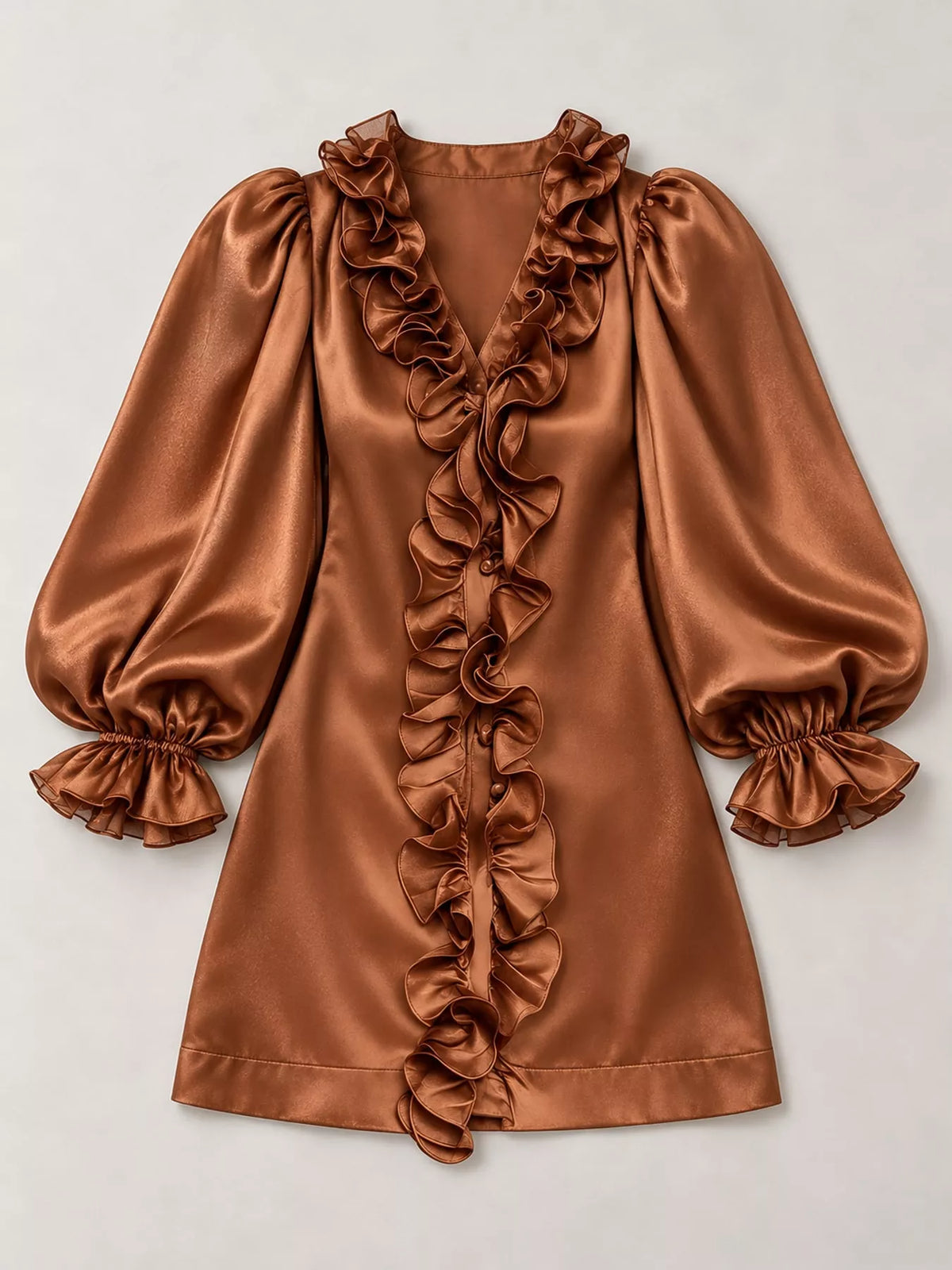 Ruffle Trim Puff Sleeve Mini Dress in caramel, front view