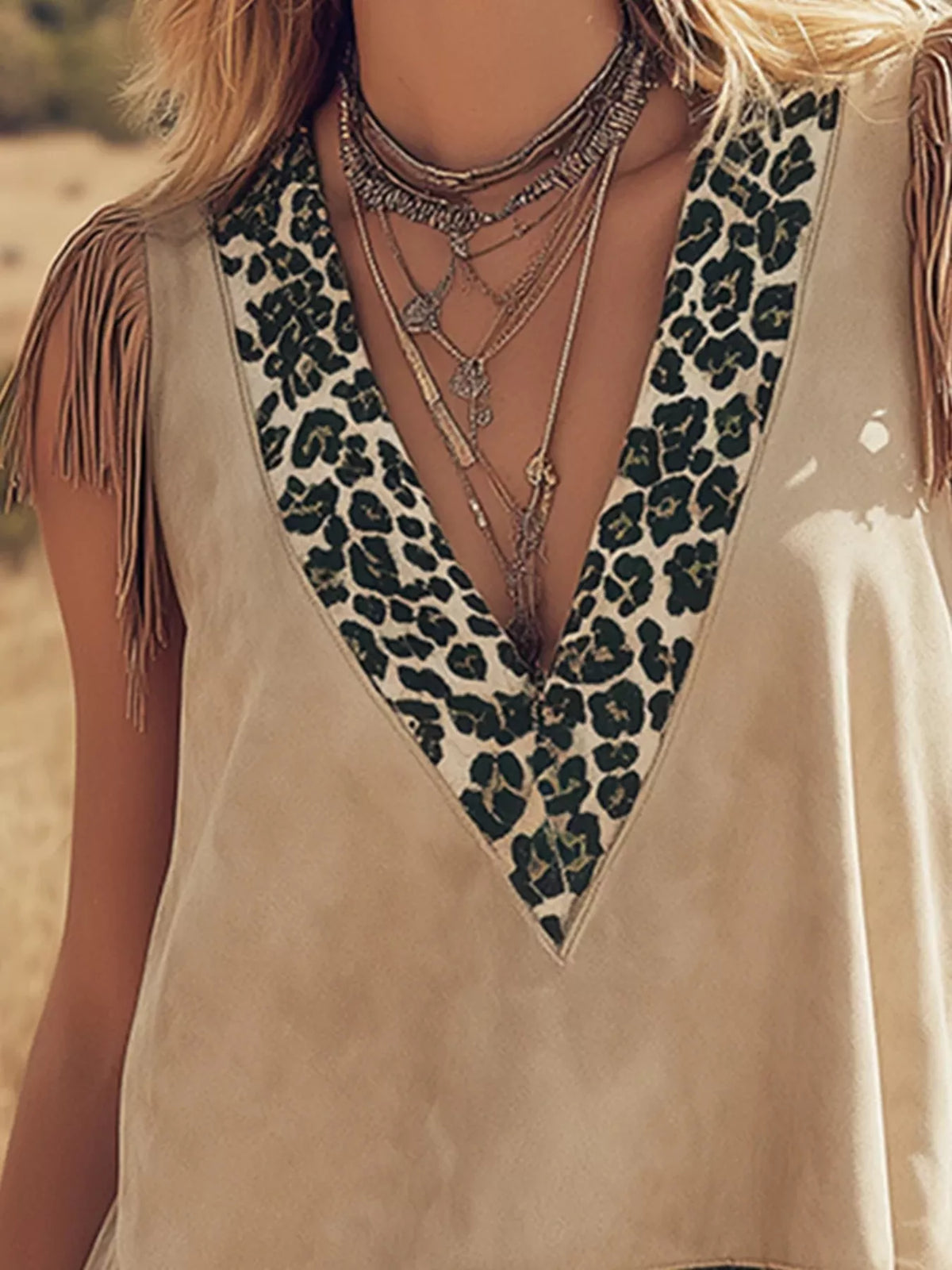 Fringed Leopard V-Neck Tank in beige, neckline detail