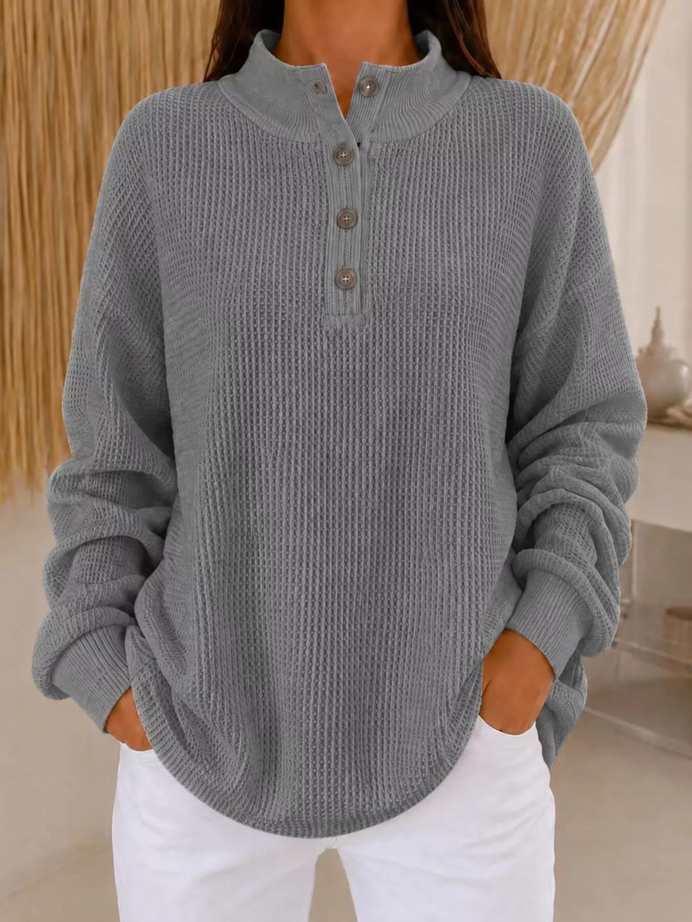 Trendsi Full Size Waffle Knit Button Detail Sweatshirt Plus Size -