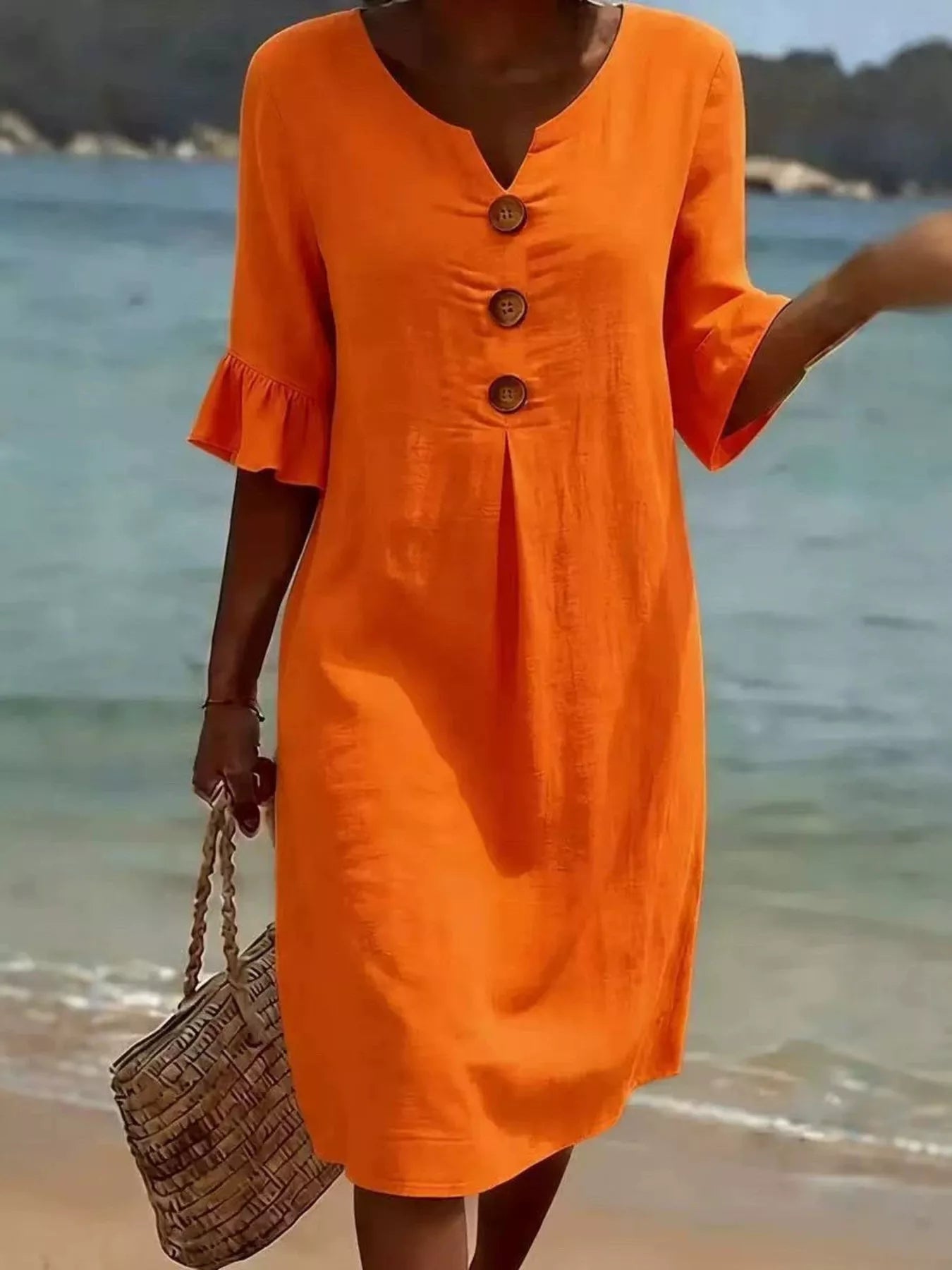 Trendsi Full Size Casual Decor Button Dress with Ruffle Sleeves Plus Size - Dresses