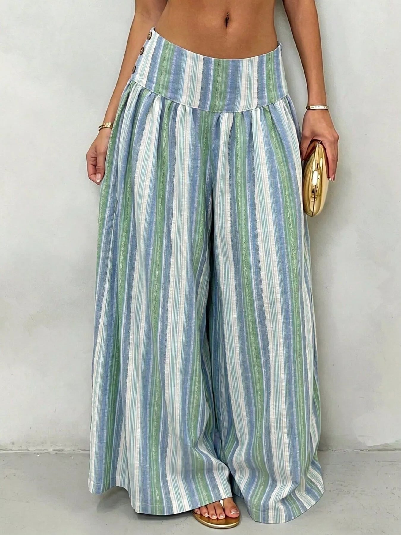 Trendsi High-Waisted Striped Wide-Leg Casual Pants -